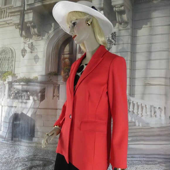 St. John 2-Pc Set Suit Sz 8 Coral Jacket Silver & Black Enamel Buttons Black Skt - Picture 3 of 10